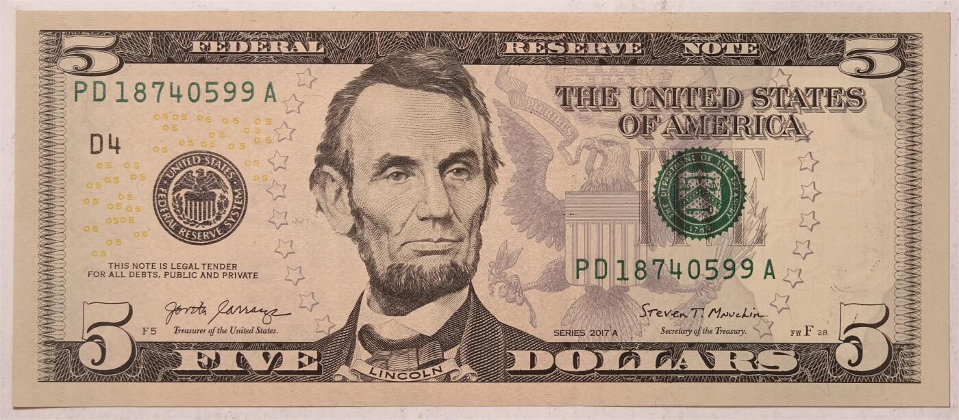 紫瑗钱币——第383期拍卖——纸币场 【双尾9】美国 2017年 D版 A序列 亚伯拉罕·林肯 5美元 彩色版 UNC