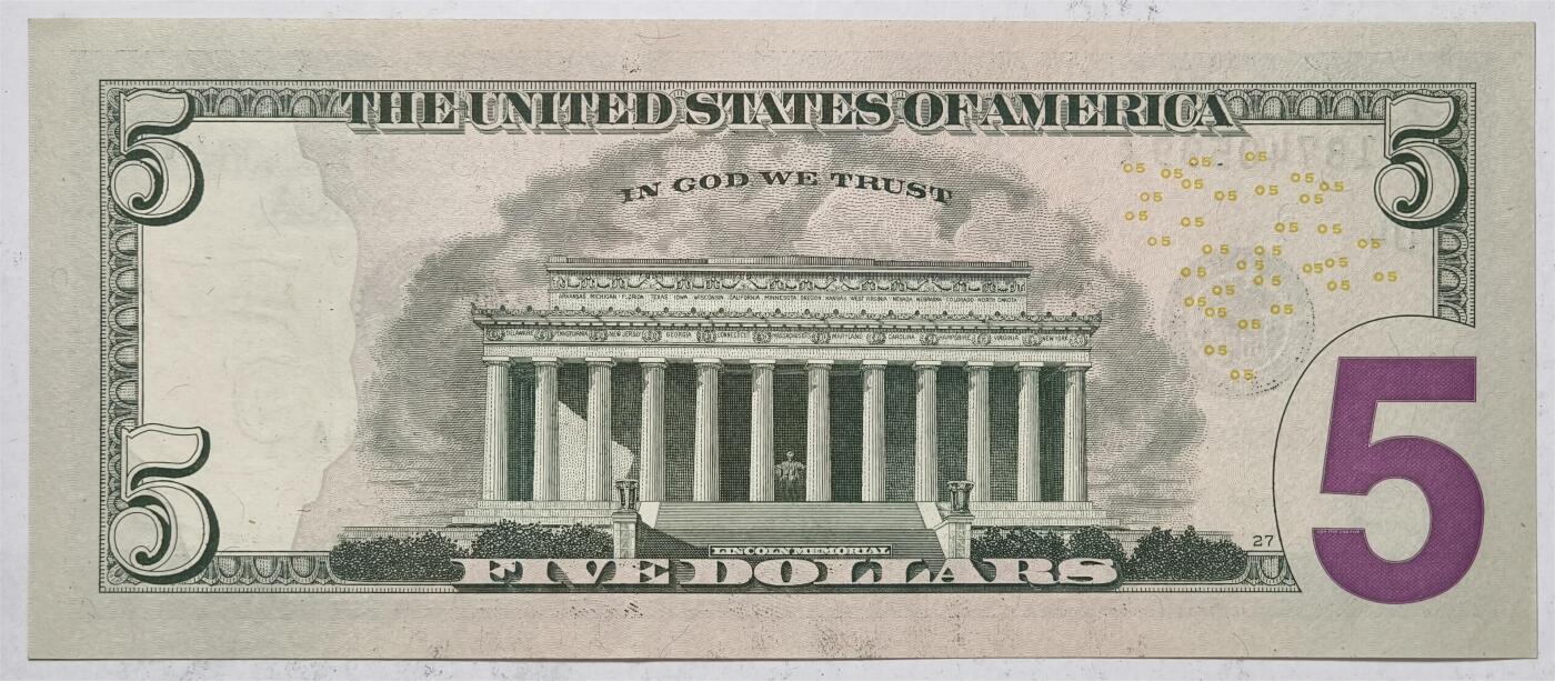 紫瑗钱币——第383期拍卖——纸币场 【双尾9】美国 2017年 D版 A序列 亚伯拉罕·林肯 5美元 彩色版 UNC