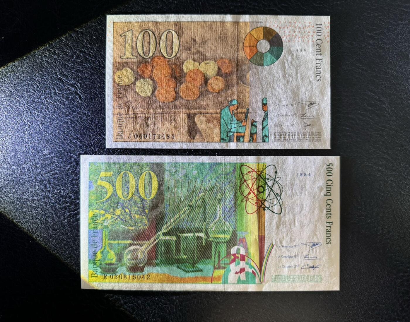 收藏联盟Quantum Auction 第360期拍卖  法国1998年100法郎和1994年500法郎 品相UNC 500边角轻微荧光点