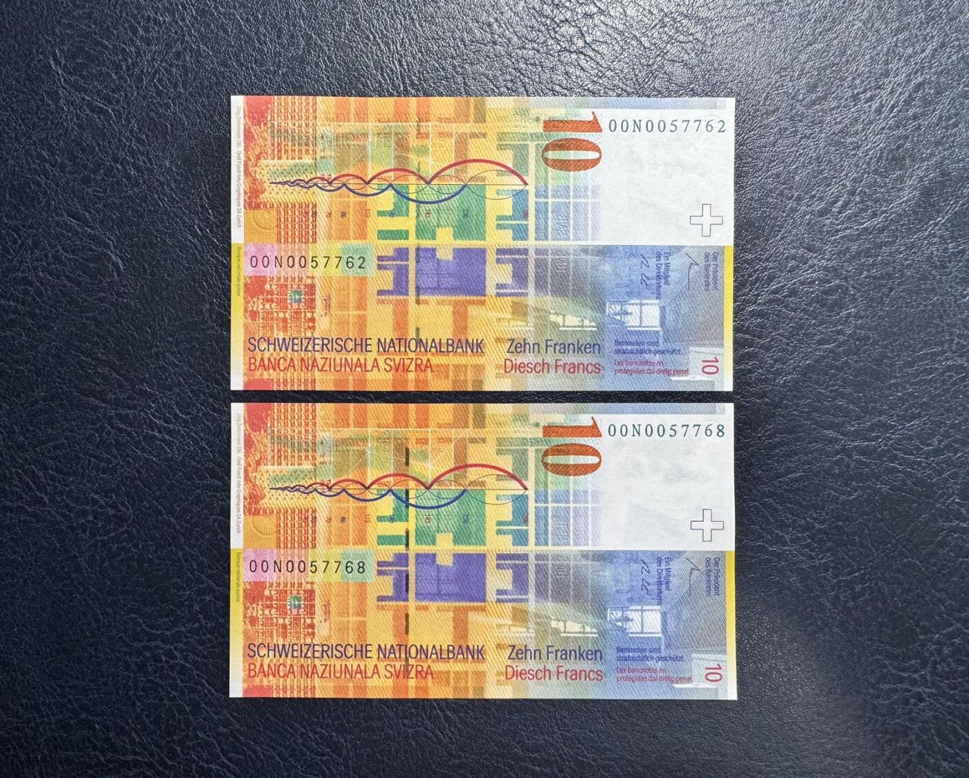 收藏联盟Quantum Auction 第360期拍卖  瑞士2000年10法郎两张 品相全新UNC 号码无4 建筑家 勒·柯布西耶