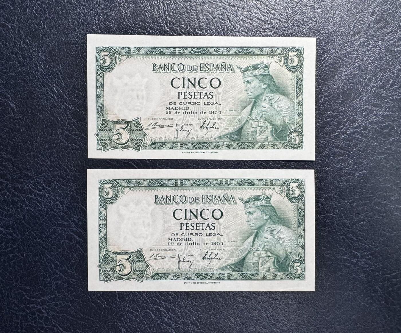 收藏联盟Quantum Auction 第360期拍卖  西班牙1954年5比索两张 品相UNC  阿方索国王