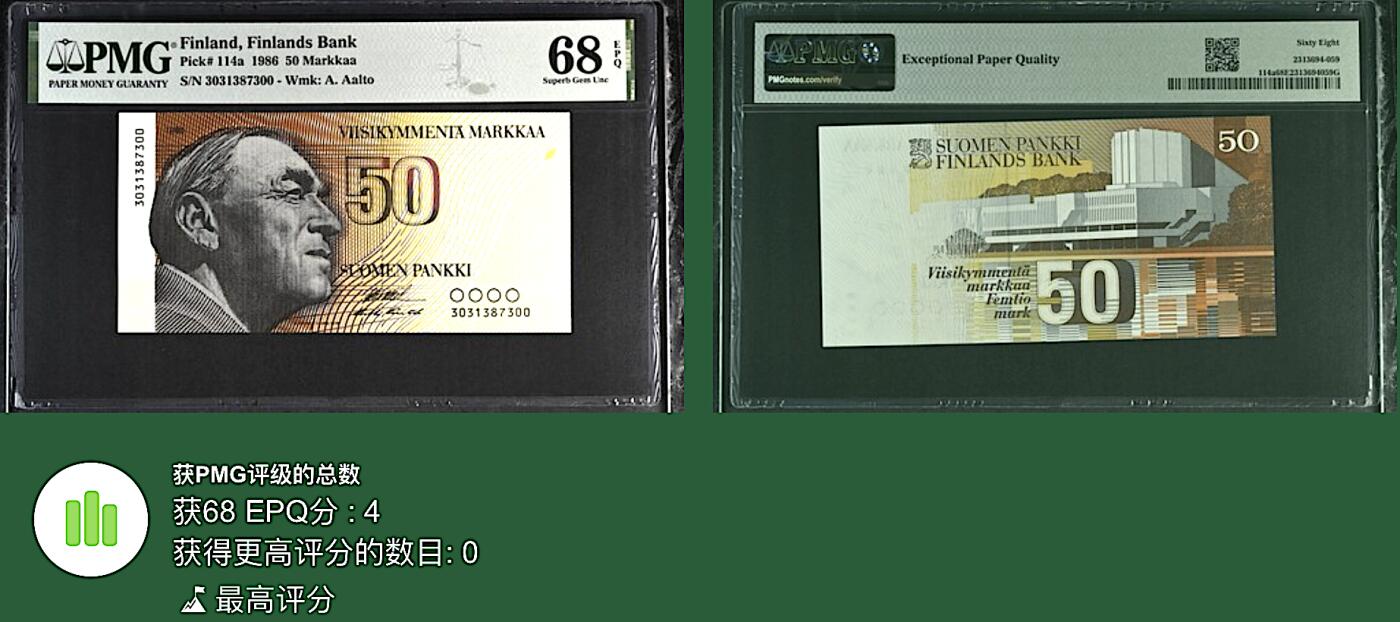 《张总收藏》158期-外币百拍周日场 芬兰50马克 PMG68E 1986年初版 芬兰建筑师阿尔托 无4 冠军分