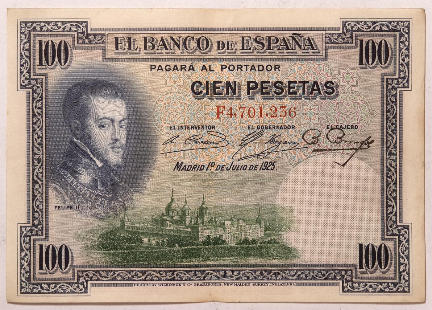 紫瑗钱币——第383期拍卖——纸币场 西班牙 1925年 油画《腓力二世的座椅》 100比塞塔 AU (P-69c)