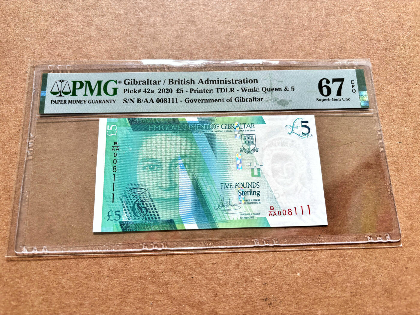 【Blue Auction】✨世界纸币精拍第503期【精】 【111豹子号 倒置号】直布罗陀 2020年5镑 PMG67EPQ 高分 女王