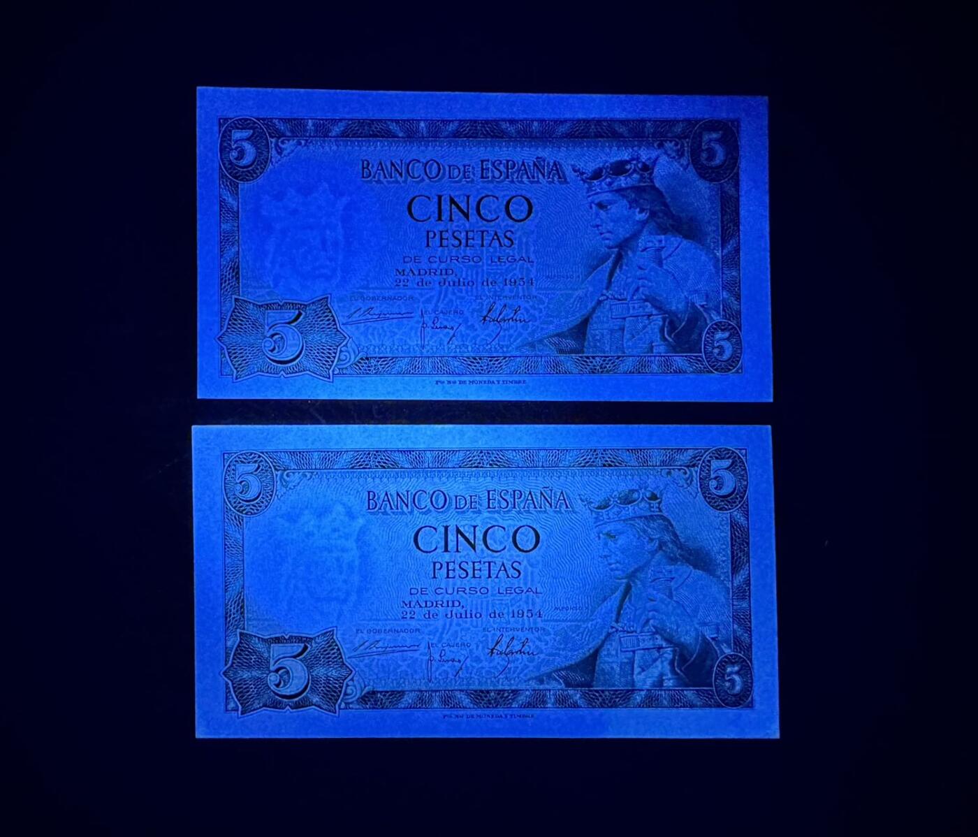 收藏联盟Quantum Auction 第360期拍卖  西班牙1954年5比索两张 品相UNC  阿方索国王