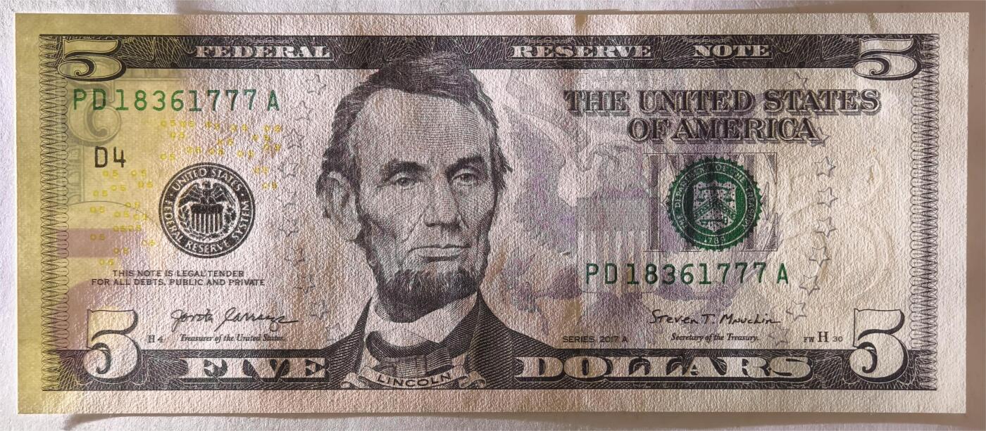 紫瑗钱币——第383期拍卖——纸币场 【豹子号7】美国 2017年 D版 A序列 亚伯拉罕·林肯 5美元 彩色版 UNC 豹子号