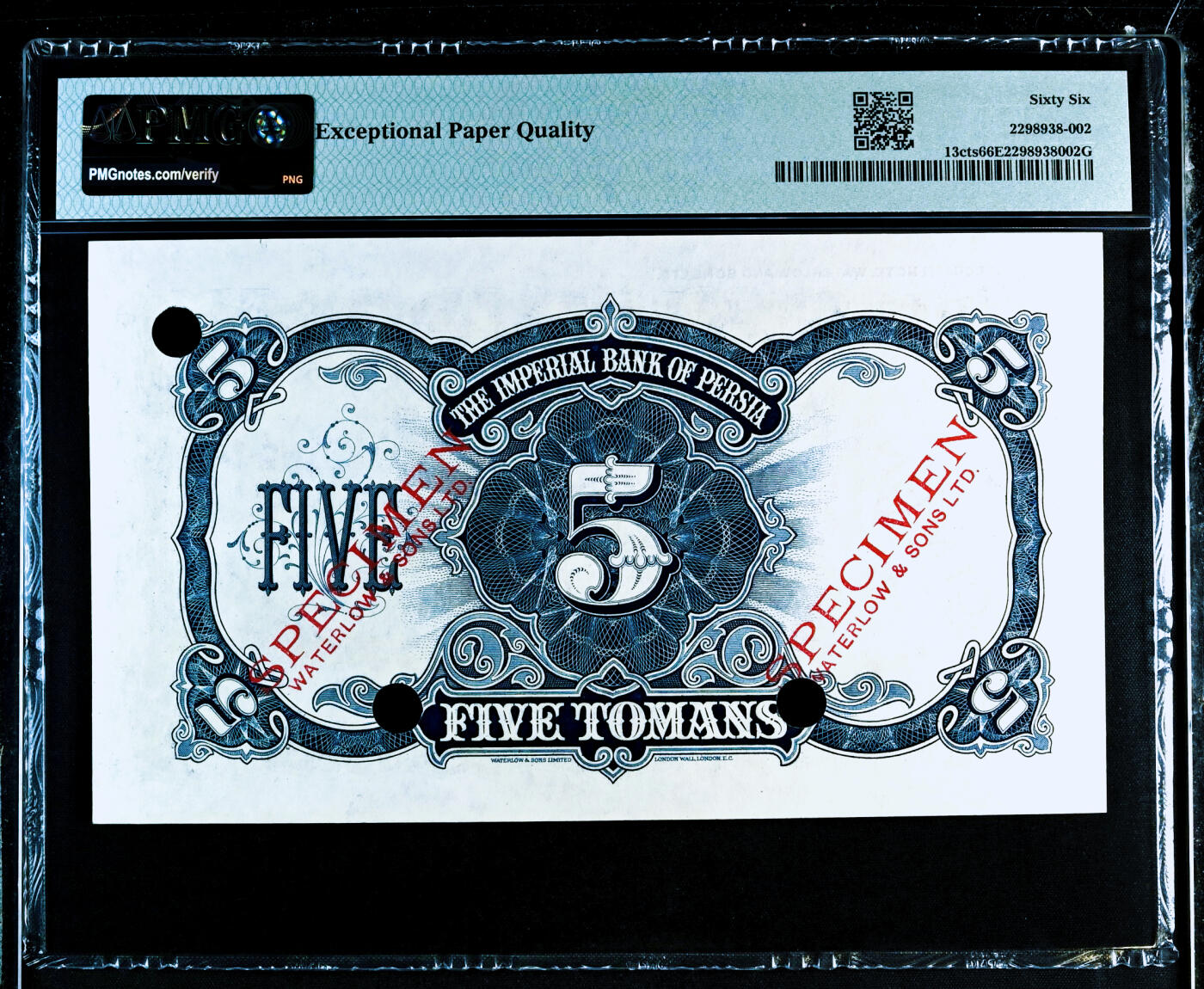 【Blue Auction】✨世界纸币精拍第503期【精】  【大珍 仅1张更高分】波斯帝国 1924-32年5Tomans（当时与金币币值挂钩）PMG66EPQ 顶级高分非常罕见 W&S出品 CTS试色样票 底纹精美 票幅大  带签名 恺加王朝第五任国王穆扎法尔丁·沙戎装像 实钞存世都是烂品居多 该面值样钞能达到如此绝的品相也是凤毛麟角 非常值得收藏的一张 历史价值很高 