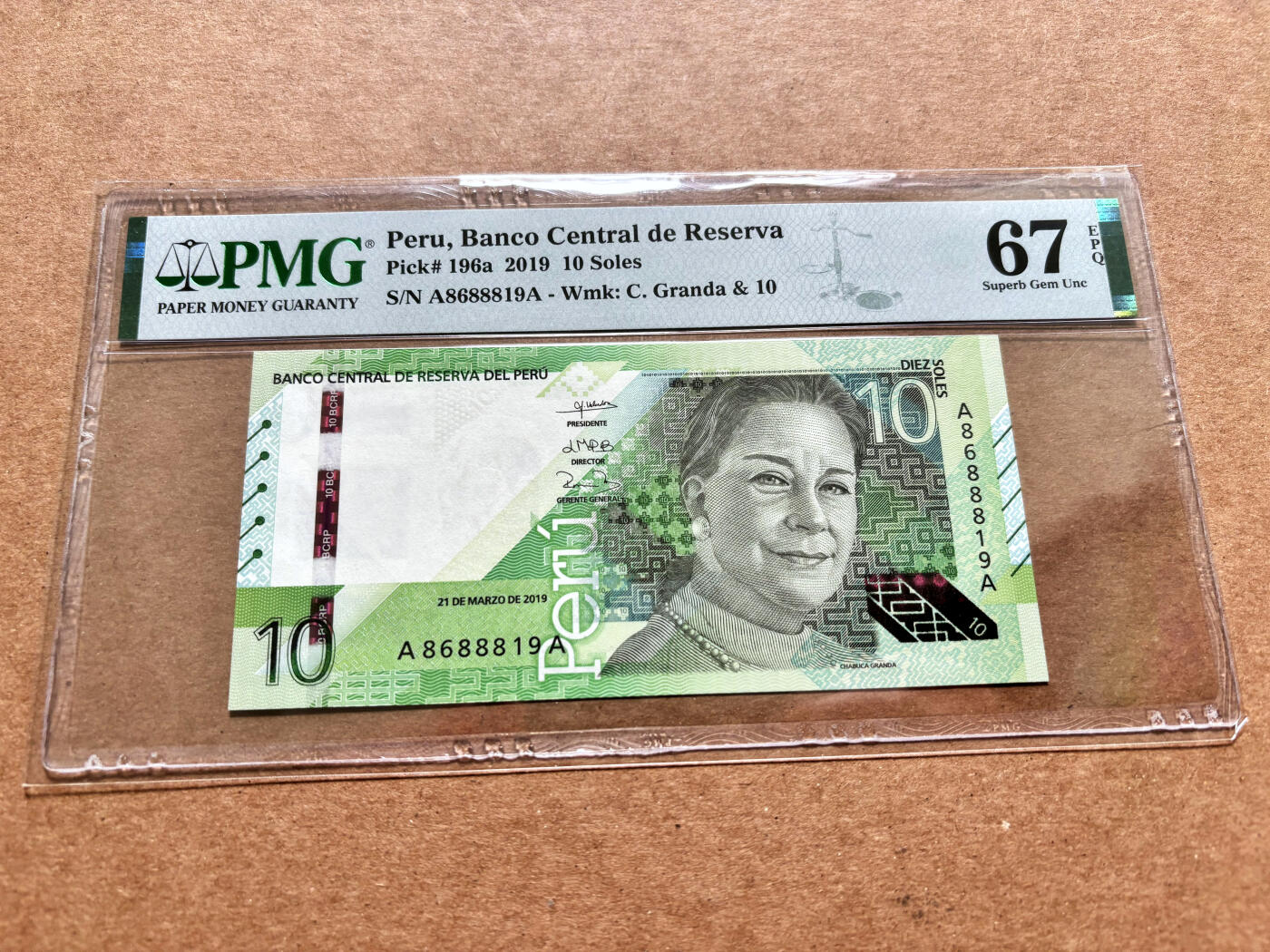 【Blue Auction】✨世界纸币精拍第503期【精】 【AA冠倒置号】秘鲁 2019年10索尔 PMG67EPQ 高分