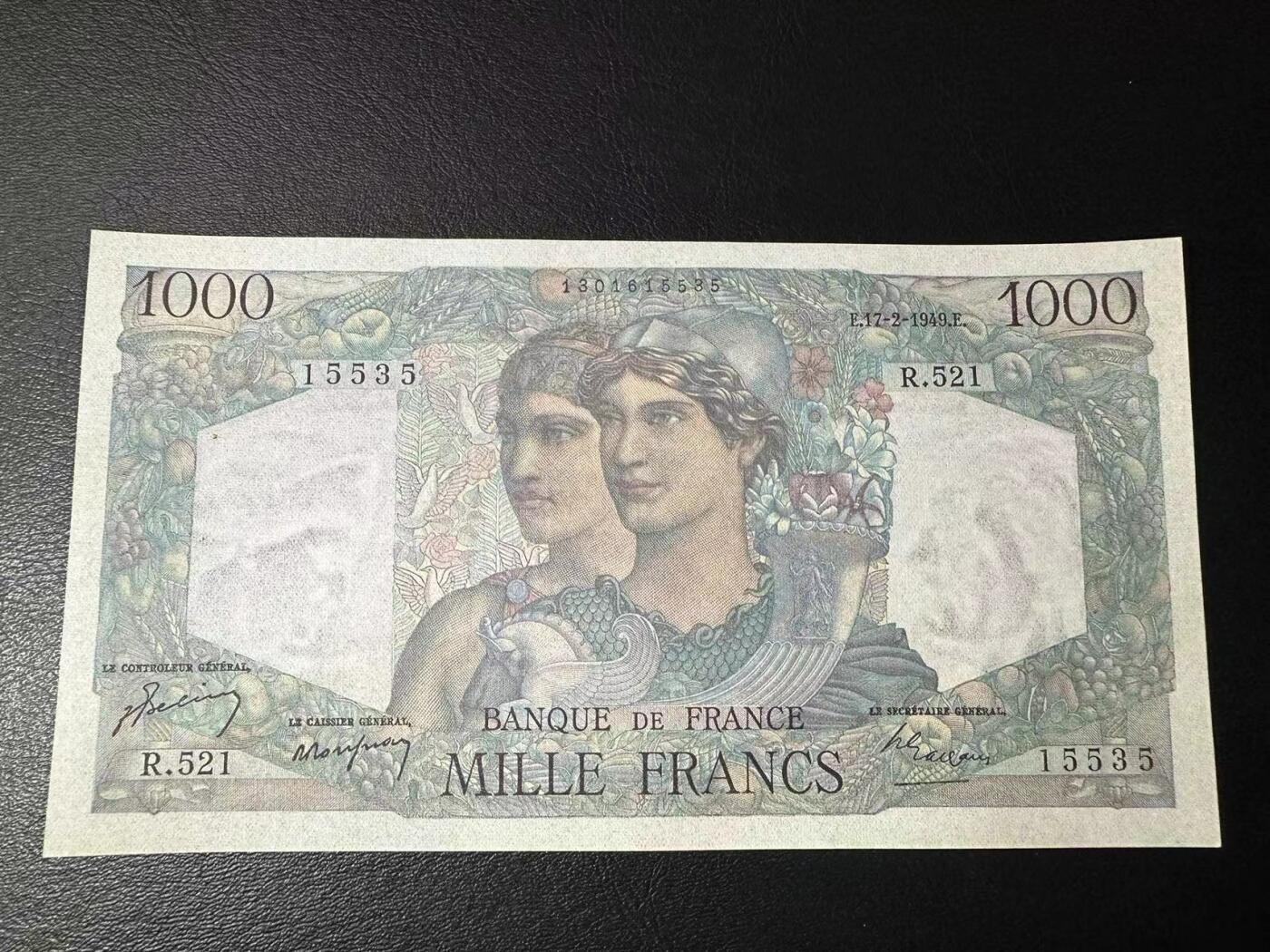 【Blue Auction】✨世界纸币精拍第503期【精】 【无47】法国 1949年1000法郎 UNC-针孔 