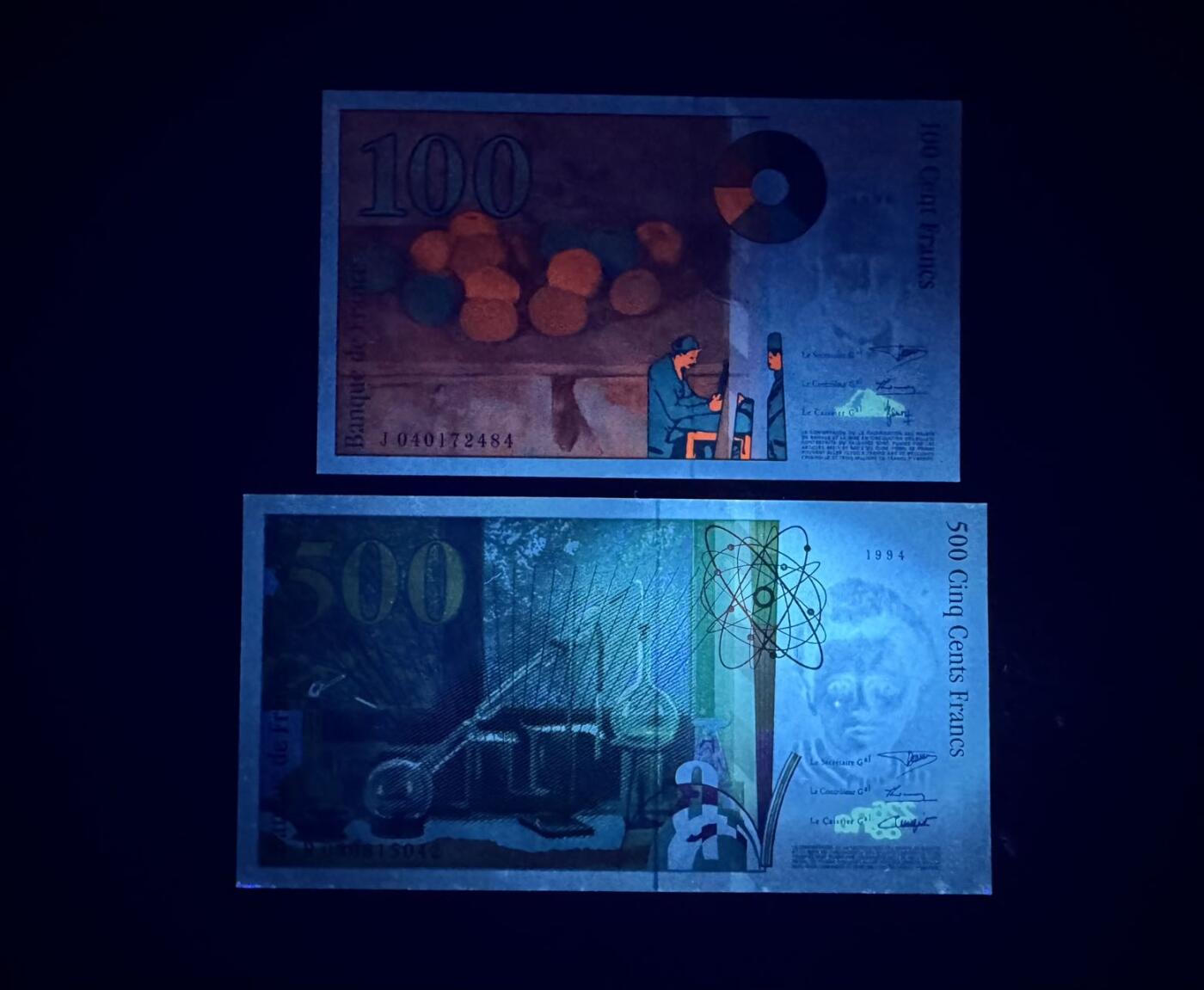 收藏联盟Quantum Auction 第360期拍卖  法国1998年100法郎和1994年500法郎 品相UNC 500边角轻微荧光点