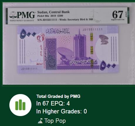 【Blue Auction】✨世界纸币精拍第503期【精】 【老虎号无47 冠军分】苏丹 2019年500镑 PMG67EPQ 高分