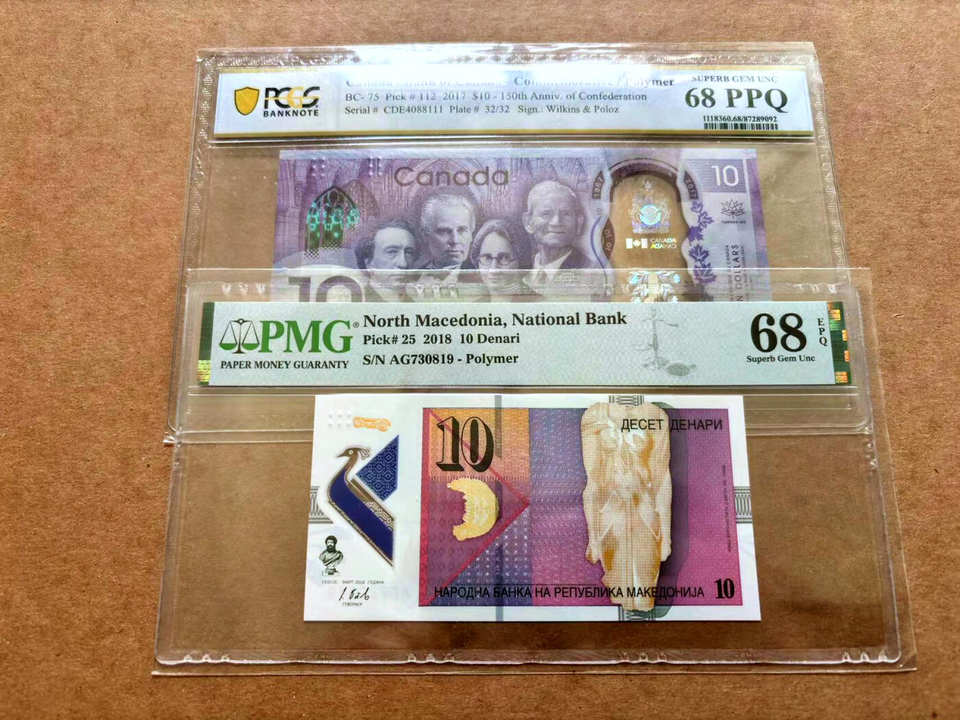 【Blue Auction】✨世界纸币精拍第503期【精】 【一组2张 含111豹子号】加拿大 2017年10元 PCGS68EPQ&北马其顿 2018年10第纳尔 PMG68EPQ 超高分