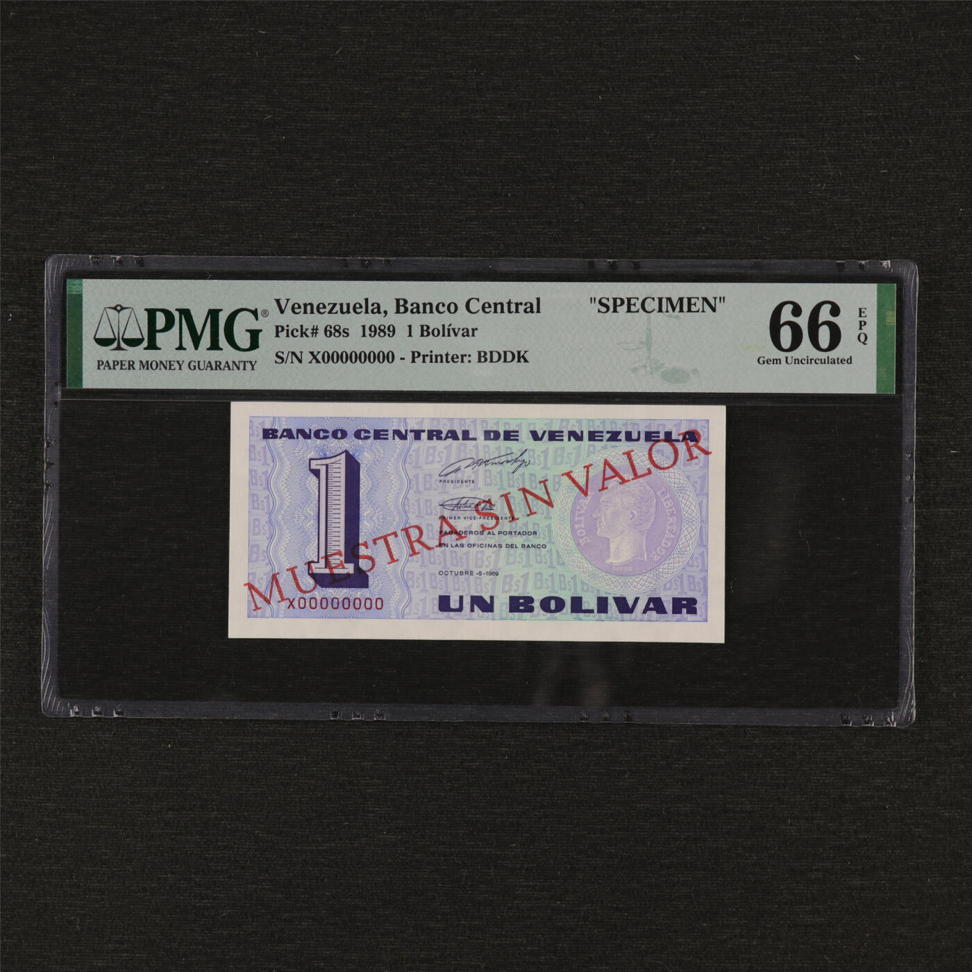 【亘邦收藏】第196期拍卖 1989年 委内瑞拉1玻利瓦尔 样钞 PMG 66EPQ 2234477-082