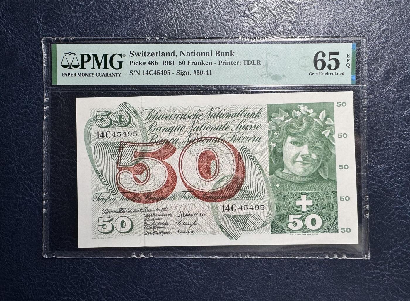 收藏联盟Quantum Auction 第360期拍卖  瑞士联邦1961年50法郎 PMG65 苹果乐园 稀少早期年份
