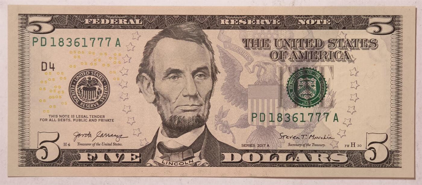 紫瑗钱币——第383期拍卖——纸币场 【豹子号7】美国 2017年 D版 A序列 亚伯拉罕·林肯 5美元 彩色版 UNC 豹子号