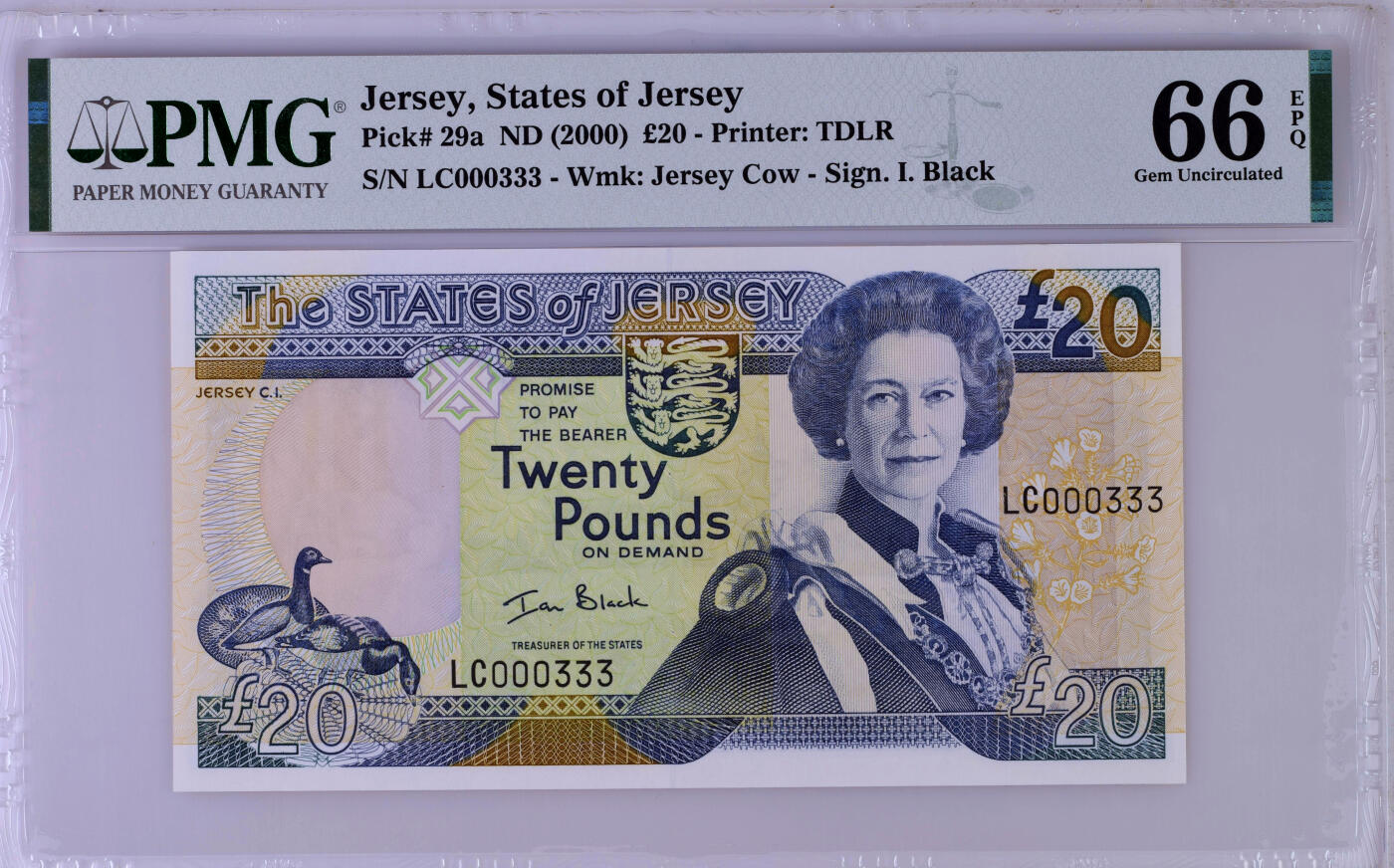 【Blue Auction】✨世界纸币精拍第503期【精】 【000333双豹子号 百位小号】泽西 2000年20镑 女王 PMG66EPQ 