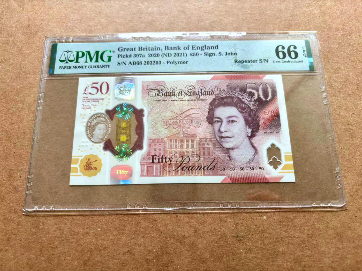 【Blue Auction】✨世界纸币精拍第503期【精】 【203203重复号】英国 2021年50镑 PMG66EPQ 