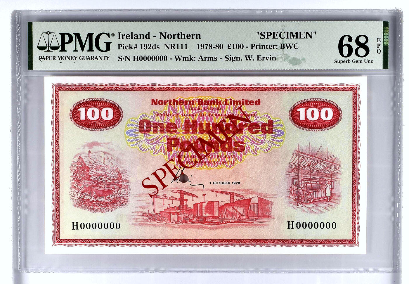 【Blue Auction】✨世界纸币精拍第503期【精】 【唯一冠军分】北爱尔兰 1978年100镑 最高值 多个农业与工业小场景 PMG68EPQ 超高分 BWC出品 样钞 