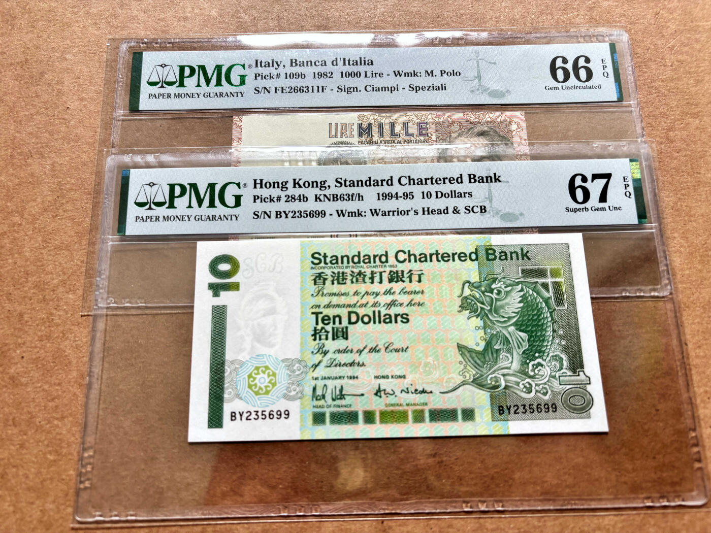 【Blue Auction】✨世界纸币精拍第503期【精】 【一组2张 无47】香港 渣打 1994年10元 PMG67EPQ&意大利 1982年1000里拉 PMG66EPQ 