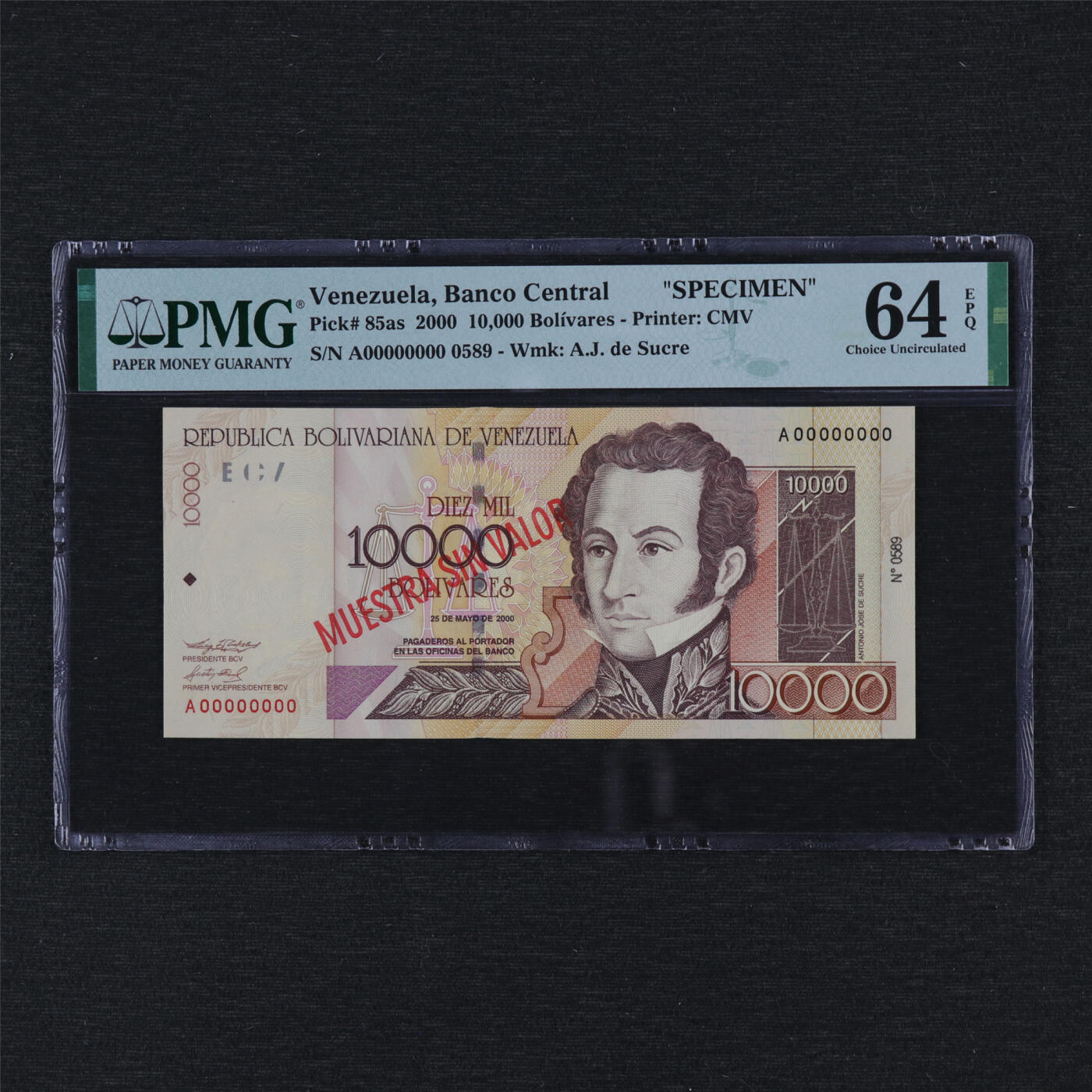 【亘邦收藏】第196期拍卖 2001年 委内瑞拉10000玻利瓦尔 样钞 PMG 64EPQ 2234477-063