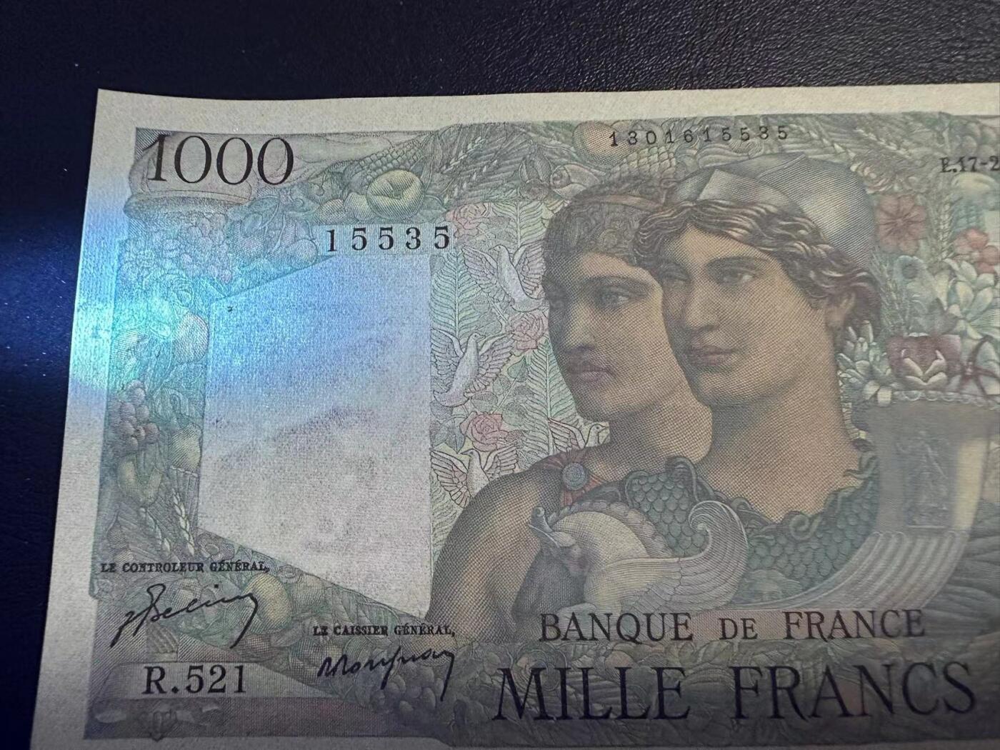 【Blue Auction】✨世界纸币精拍第503期【精】 【无47】法国 1949年1000法郎 UNC-针孔 