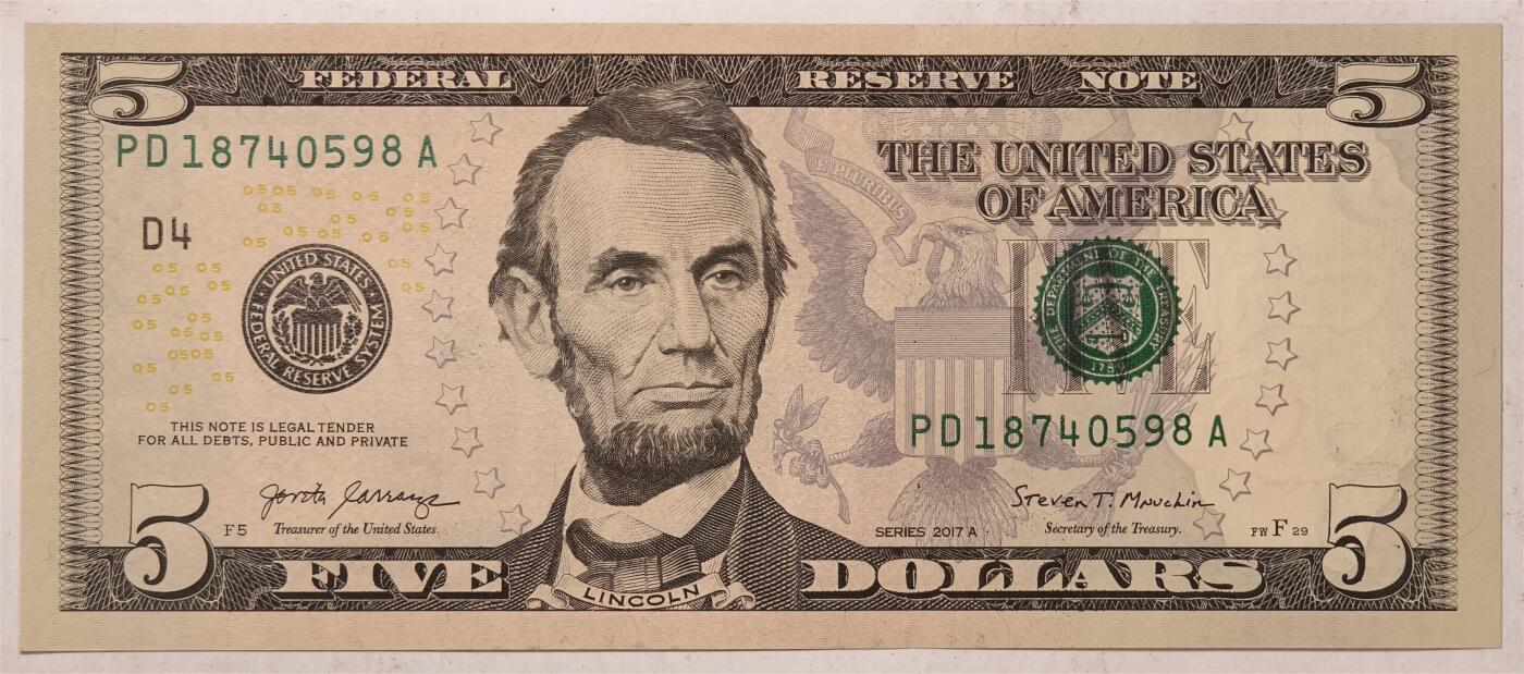 紫瑗钱币——第383期拍卖——纸币场 美国 2017年 D版 A序列 亚伯拉罕·林肯 5美元 彩色版 UNC