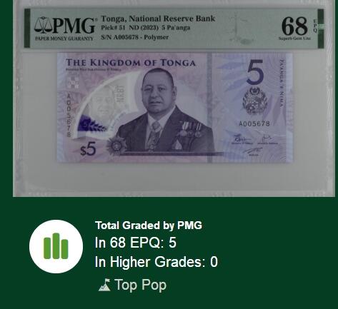 【Blue Auction】✨世界纸币精拍第503期【精】 【冠军分 A冠5678顺子号】汤加 2023年5潘加 PMG68EPQ 超高分