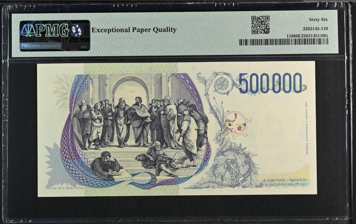 《张总收藏》158期-外币百拍周日场 意大利1997年稀少XAA补号冠500,000里拉PMG66E无47尾8  名誉品拉斐尔 Pick#118