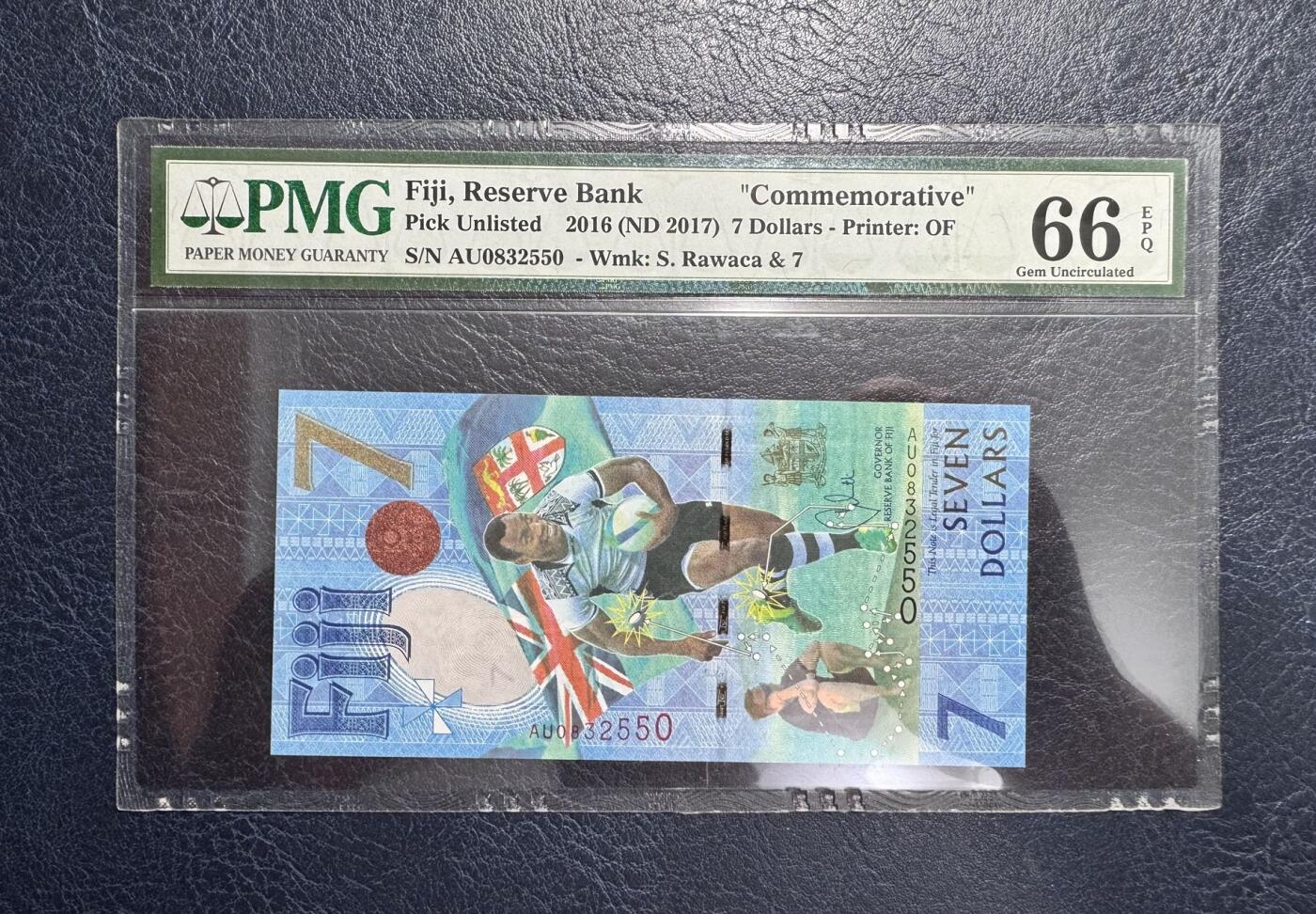 收藏联盟Quantum Auction 第360期拍卖  斐济2017年7元奥运会橄榄球夺冠纪念钞 PMG66 号码无47