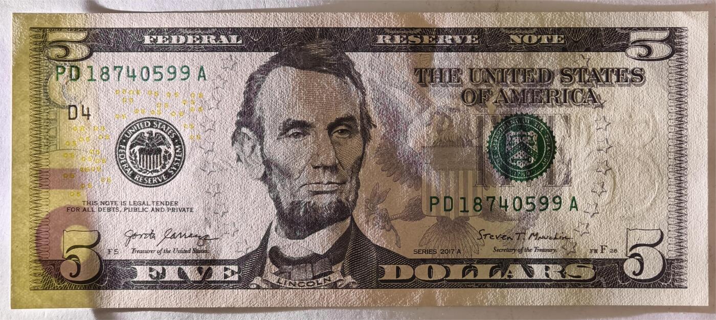 紫瑗钱币——第383期拍卖——纸币场 【双尾9】美国 2017年 D版 A序列 亚伯拉罕·林肯 5美元 彩色版 UNC