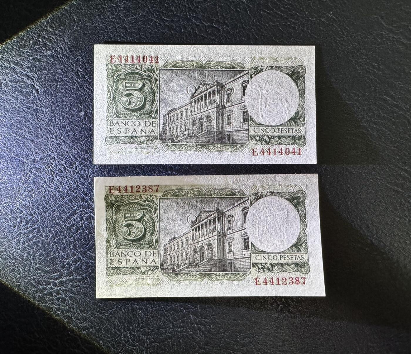 收藏联盟Quantum Auction 第360期拍卖  西班牙1954年5比索两张 品相UNC  阿方索国王