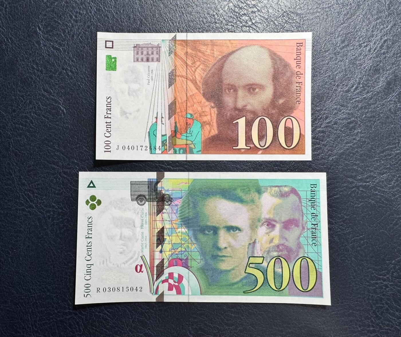 收藏联盟Quantum Auction 第360期拍卖  法国1998年100法郎和1994年500法郎 品相UNC 500边角轻微荧光点