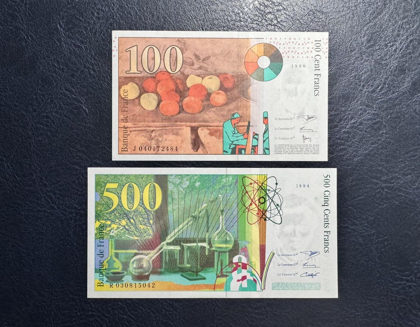 收藏联盟Quantum Auction 第360期拍卖  法国1998年100法郎和1994年500法郎 品相UNC 500边角轻微荧光点