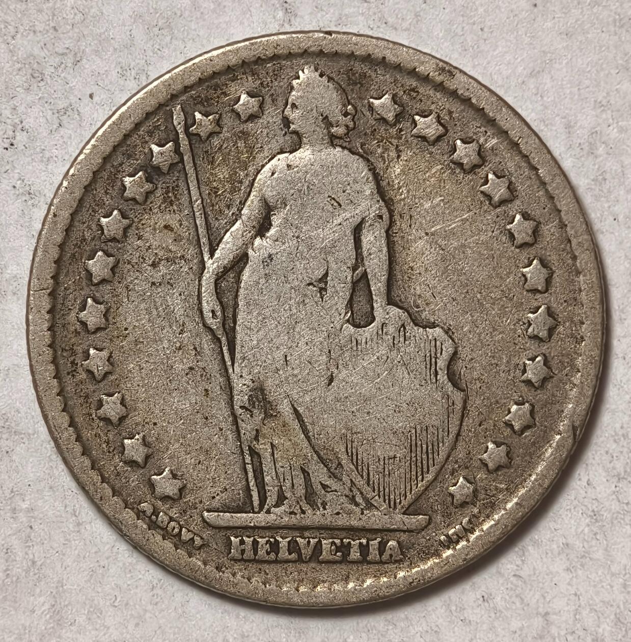 紫瑗钱币——第382期拍卖 瑞士 1900年 B版 赫尔维蒂亚 1法郎 5克 0.835银