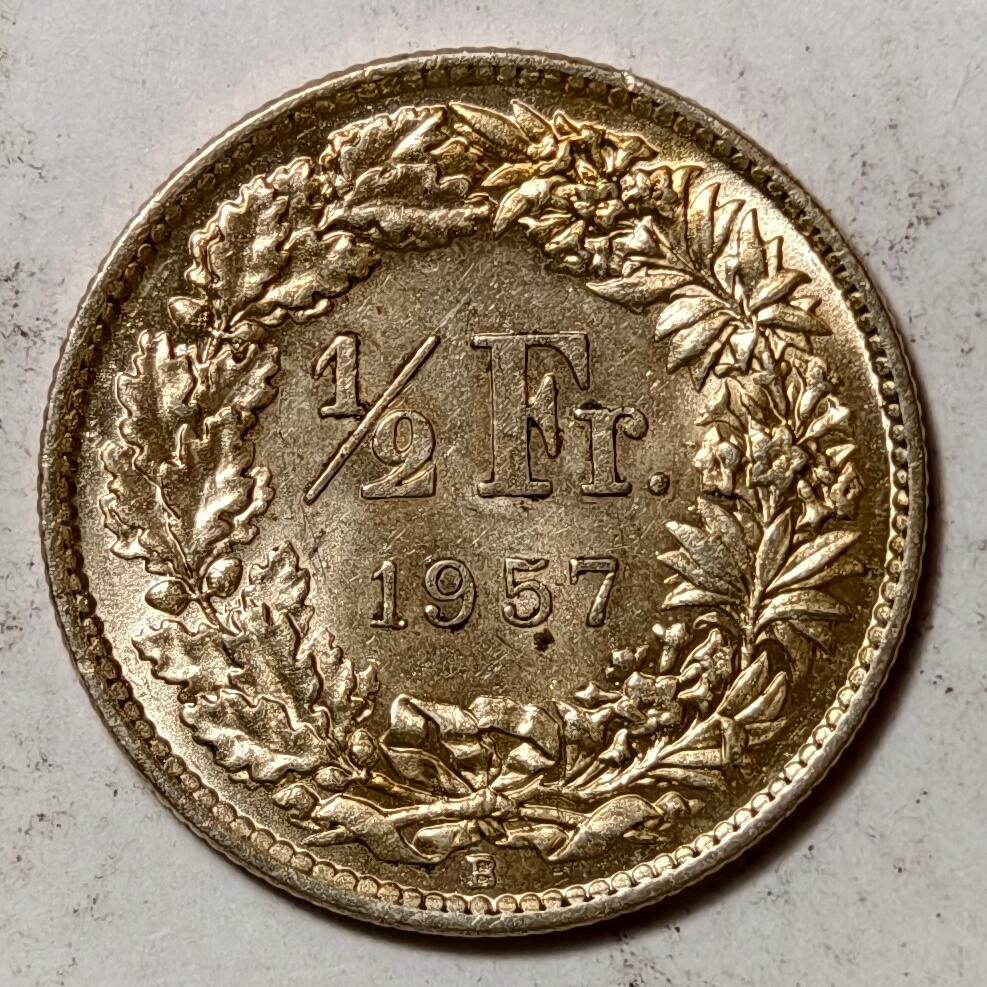 紫瑗钱币——第384期拍卖 瑞士 1957年 B版 赫尔维蒂女神 1/2法郎 2.5克 0.835银 UNC