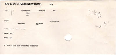 冠军2024年7月上海拍卖 1914年（民国三年）交通银行-上海美国钞票版拾圆（SB338329A），Pick# 118q，Printer：ABNC，加盖蓝黑色“上海”，红色签章，H.F. Bowker藏品，含Bowker自制手写描述卡及信封