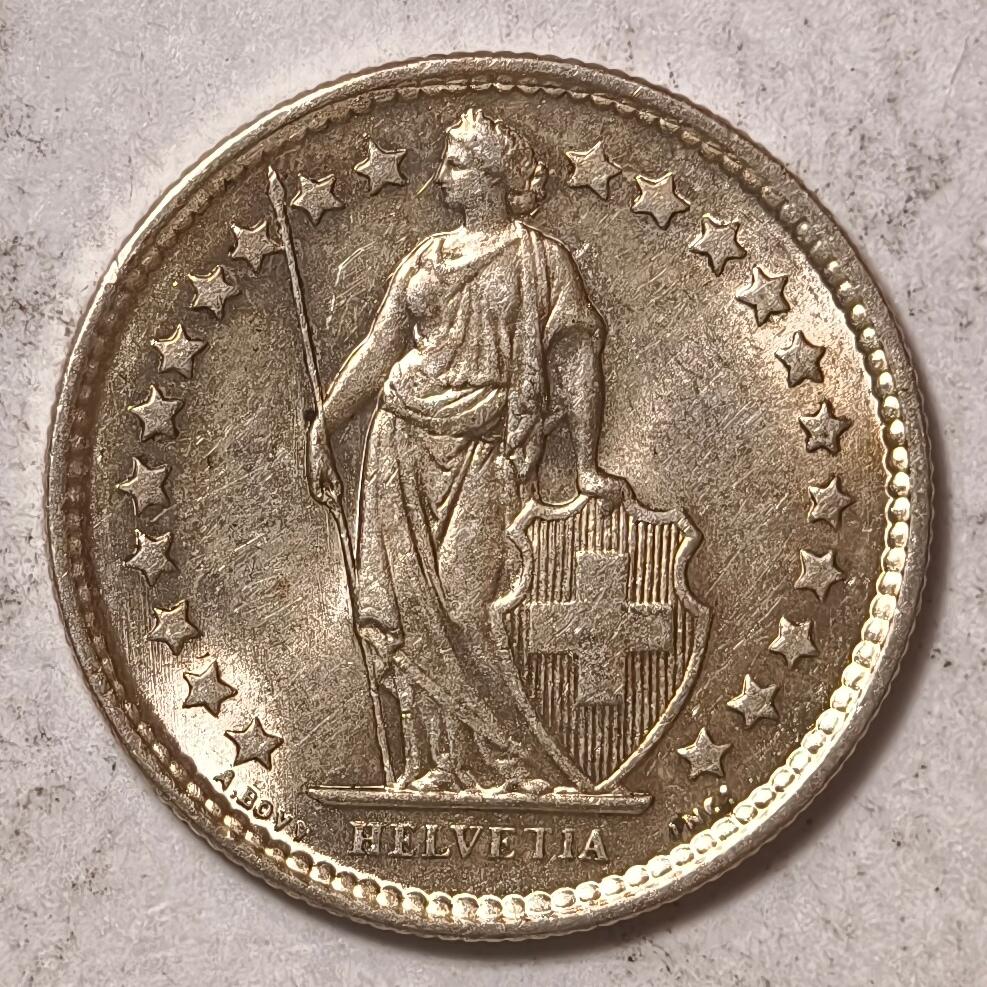 紫瑗钱币——第384期拍卖 瑞士 1957年 B版 赫尔维蒂女神 1/2法郎 2.5克 0.835银 UNC