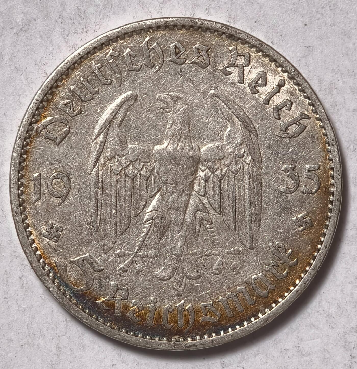 紫瑗钱币——第382期拍卖 德国 1935年 A版 波茨坦教堂 5马克 13.9克 0.9银