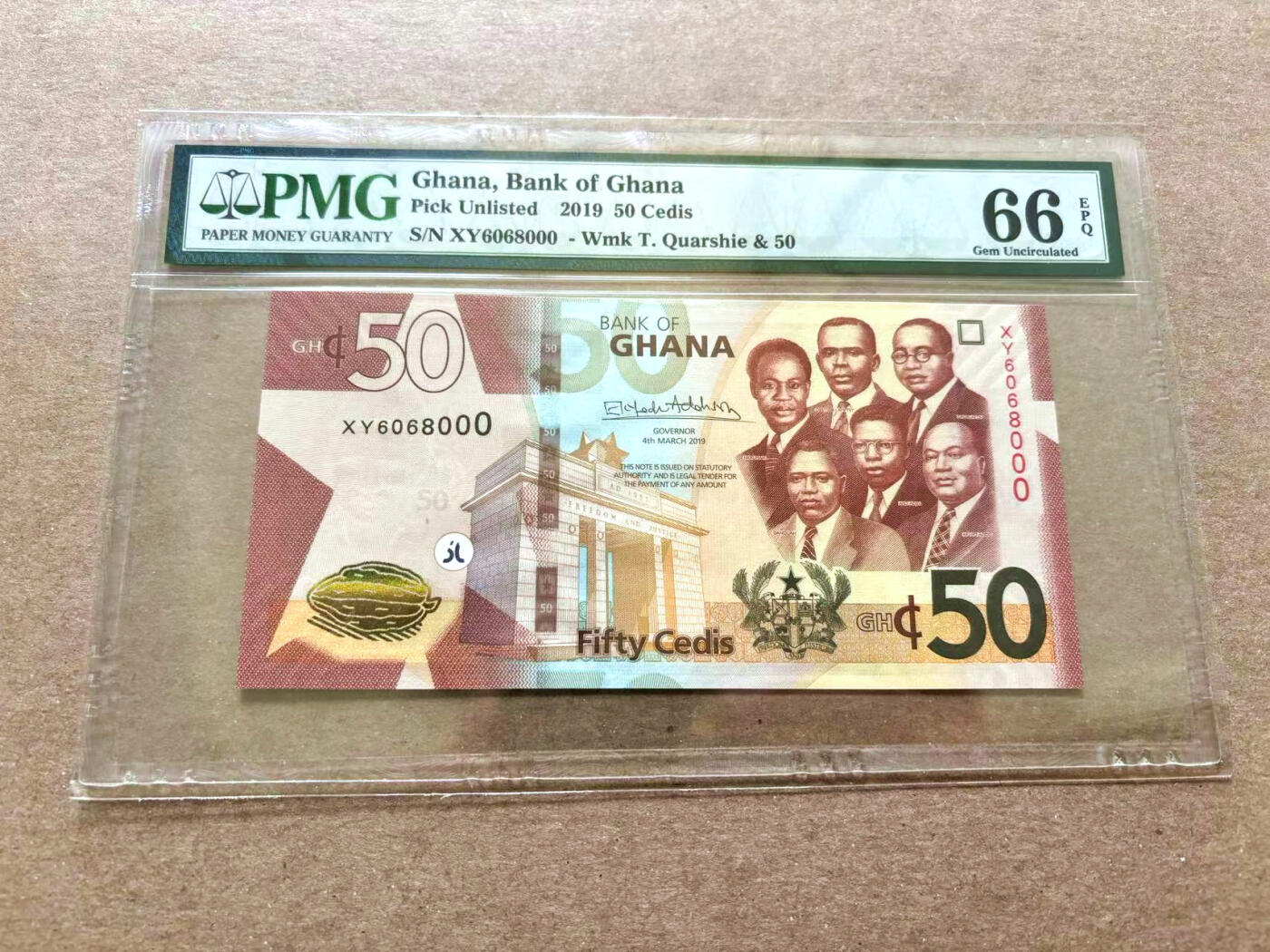 【Blue Auction】✨世界纸币精拍第504期【精】 【000豹子号 倒置号】加纳 2019年50塞地 PMG66EPQ 