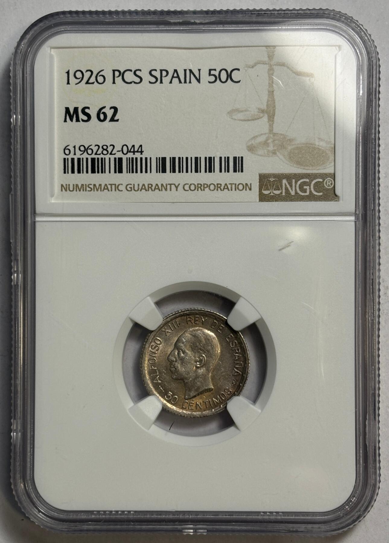 紫瑗钱币——第386期拍卖  西班牙 1926年 阿方索十三世 50分银币 NGC MS62