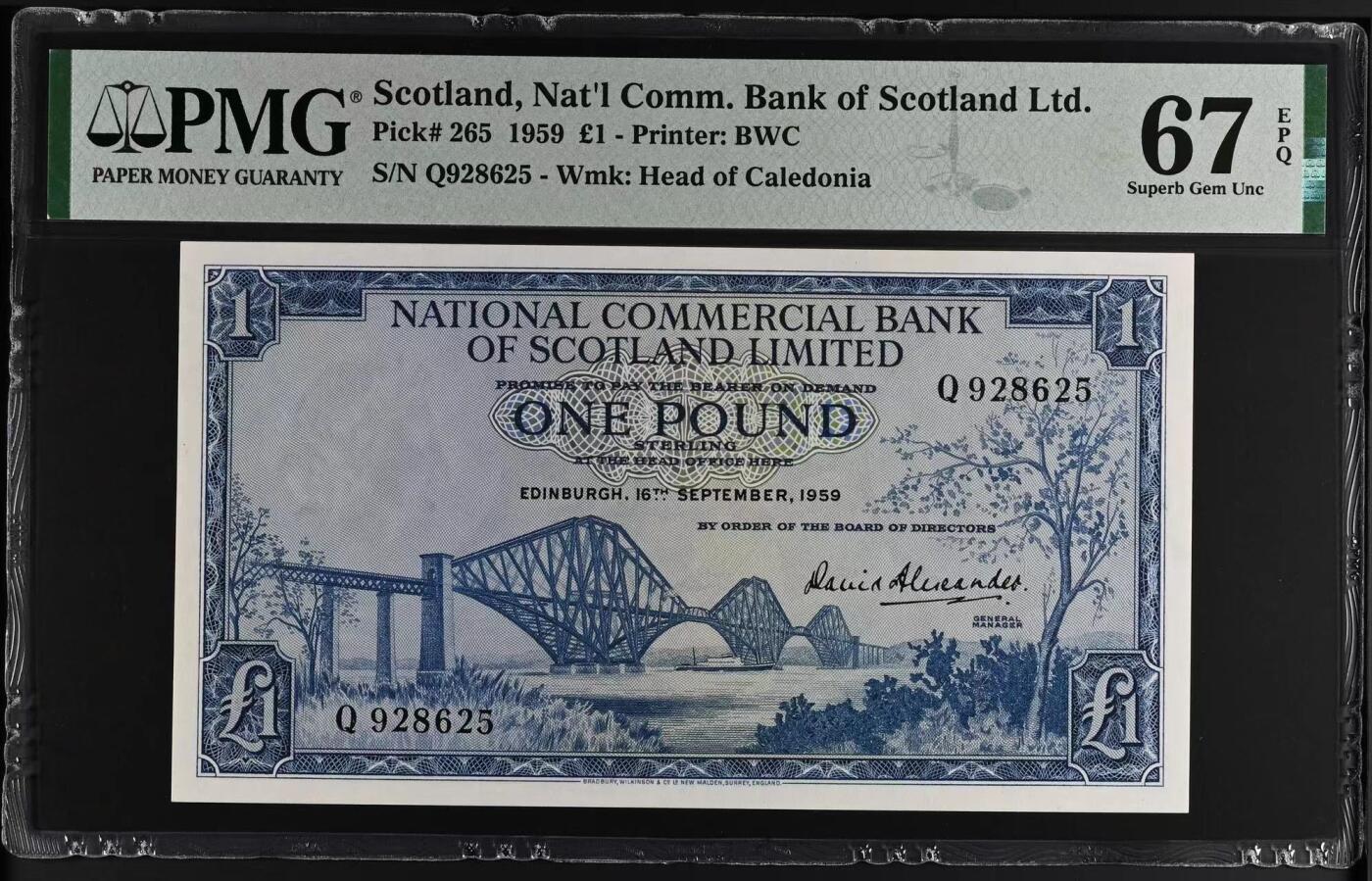 【Blue Auction】✨世界纸币精拍第504期【精】  【冠军分 无47】苏格兰 1959年1镑 BWC出品 雕刻精美 PMG67EPQ 高分 