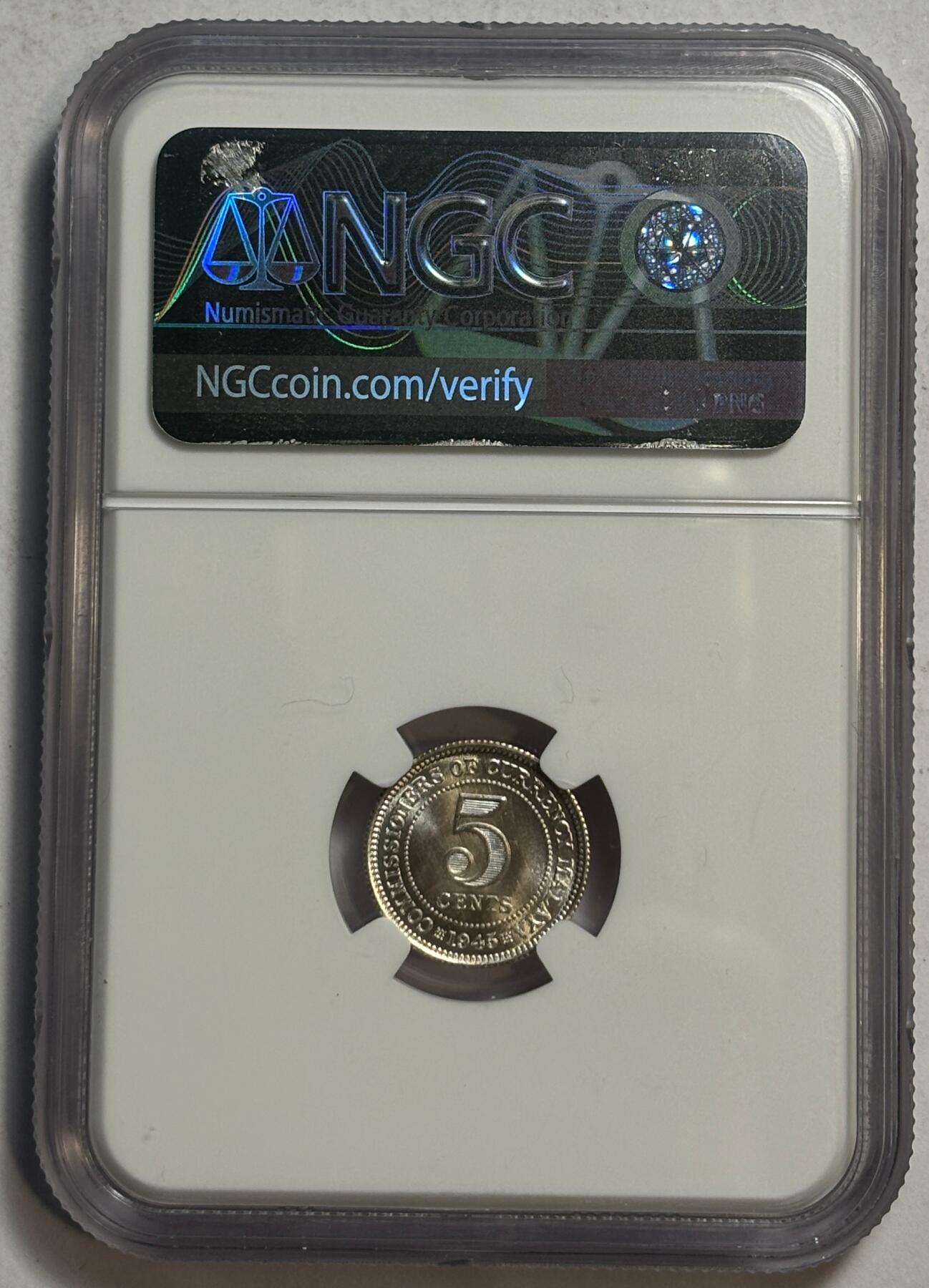 紫瑗钱币——第440期 马来亚 1945年 乔治六世 5分 银币 NGC MS64