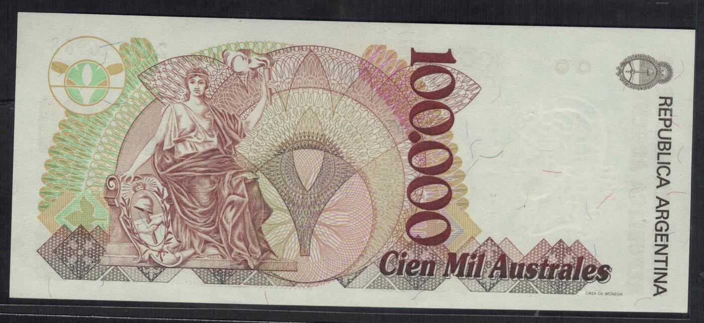 阿根廷1990年至1991年100000(10万)奥斯特 B冠 无47 黑签名 P-336 实物图 UNC