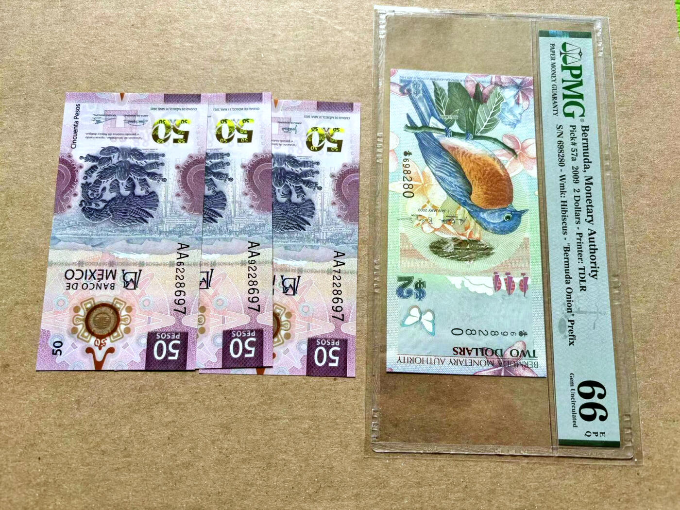 【Blue Auction】✨世界纸币精拍第504期【精】 【一组4张获奖钞】墨西哥 2021年AA冠50比索 尾6同 全新UNC&百慕大 洋葱冠 2009年2元PMG66EPQ 无47