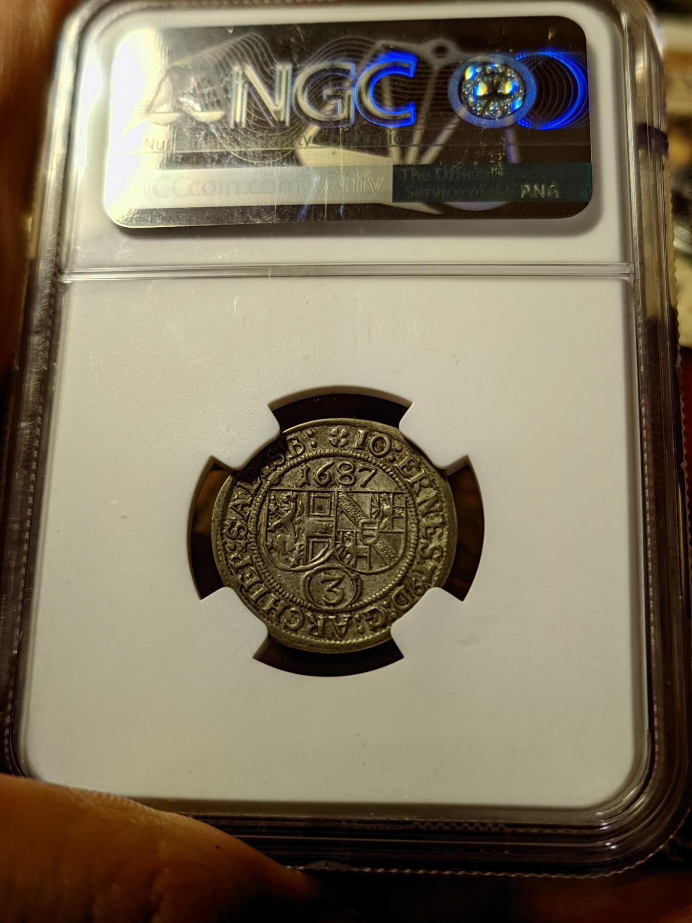 第17回:最后一期应有尽有，金币银币铜币（全场包邮） NGC AU58 奥地利萨尔兹堡1687年3K银币有分难得，第四名，教皇3k小银币，很有特色。也非常有美感。