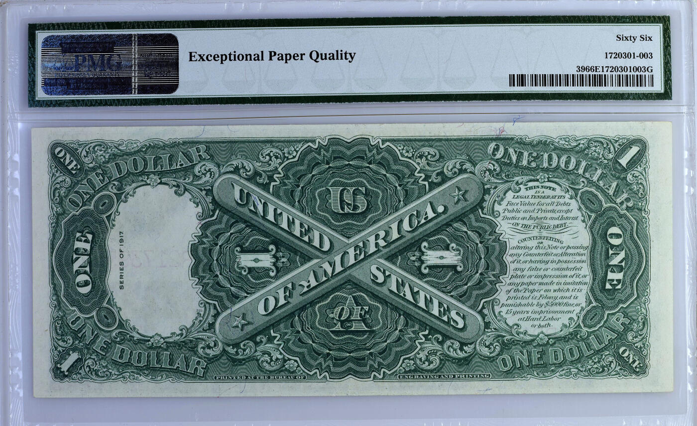 【Blue Auction】✨世界纸币精拍第504期【精】   【亚军分】美国联邦政府 1917年1美金 PMG66EPQ 大票幅 双面雕刻精美绿钞 征服者登陆 华盛顿头像 
