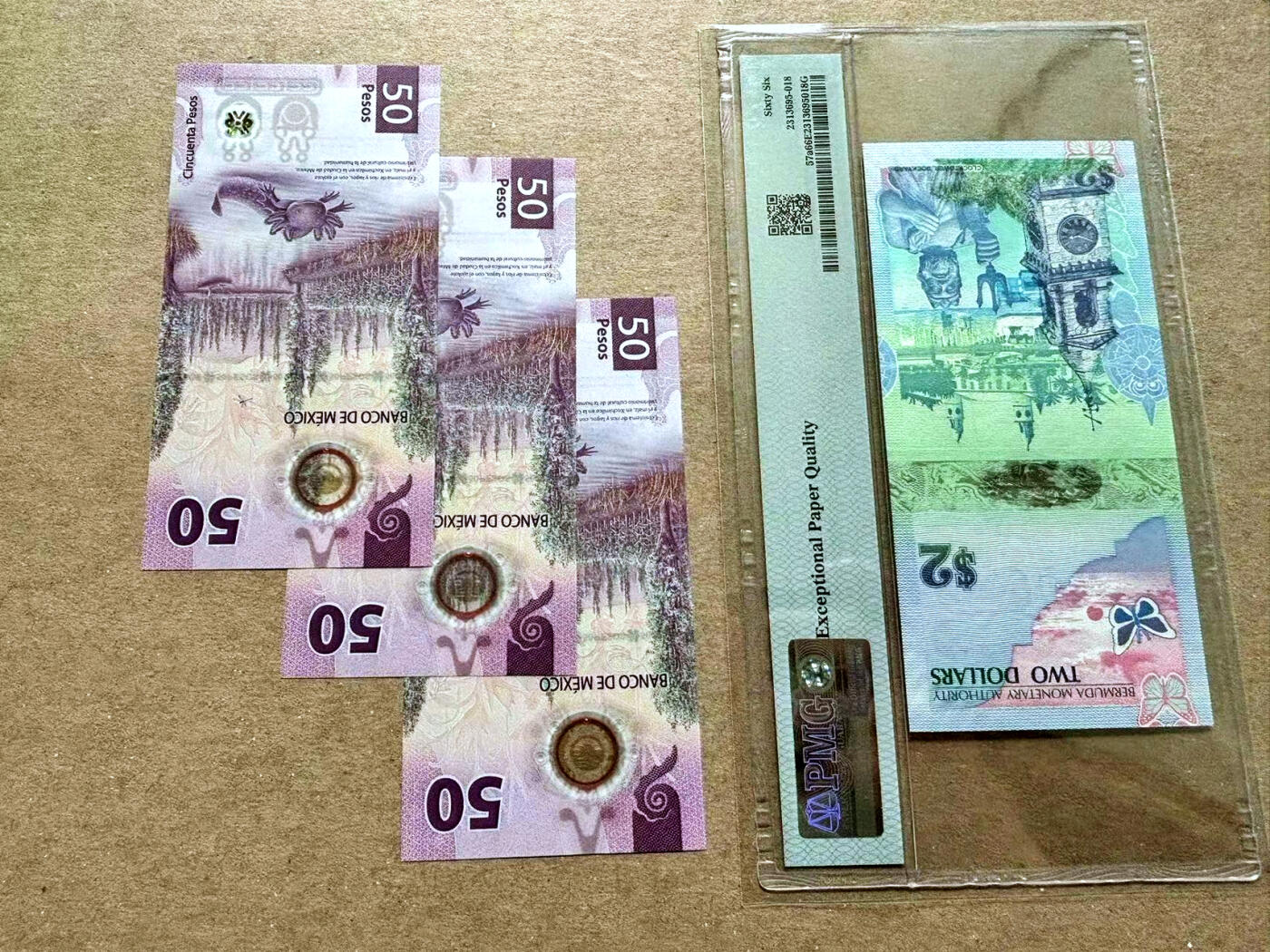 【Blue Auction】✨世界纸币精拍第504期【精】 【一组4张获奖钞】墨西哥 2021年AA冠50比索 尾6同 全新UNC&百慕大 洋葱冠 2009年2元PMG66EPQ 无47