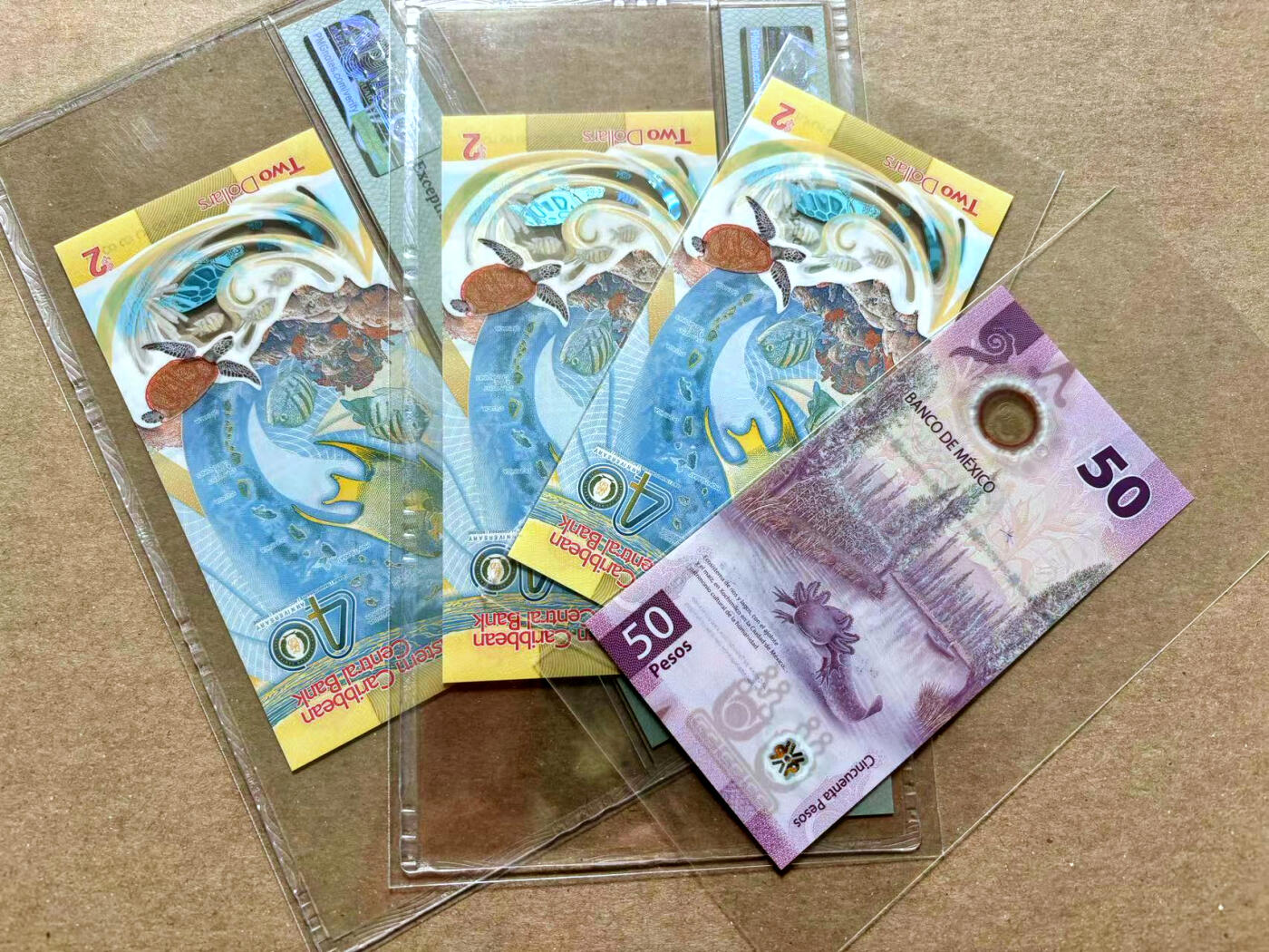 【Blue Auction】✨世界纸币精拍第504期【精】 【一组4张 含AA冠无47 获奖钞】东加勒比 2023年2元 PMG67EPQ&墨西哥 2021年AA冠 50比索 UNC