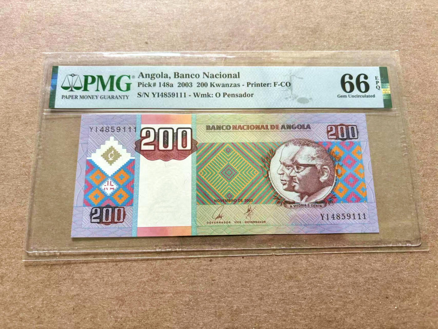 【Blue Auction】✨世界纸币精拍第504期【精】 【111豹子号】安哥拉 2003年200科瓦查 PMG66EPQ 
