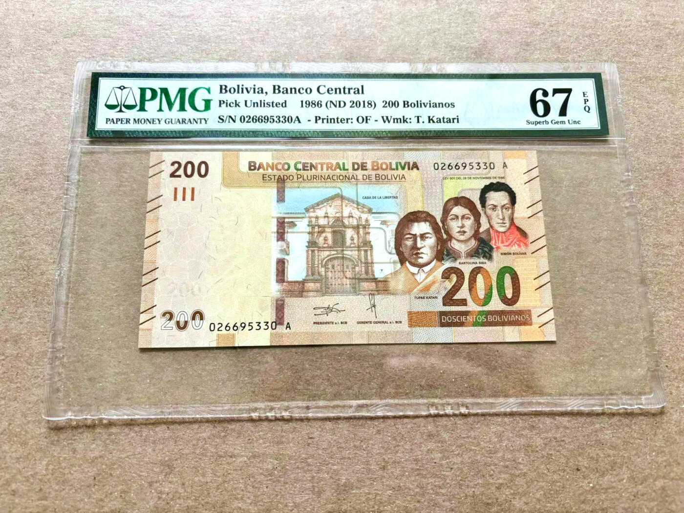 【Blue Auction】✨世界纸币精拍第504期【精】 【无47】玻利维亚 1986年200玻利维亚诺 PMG67EPQ 高分 